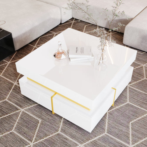 Coffee Table, High-Gloss Living Room Table, Side Table With Drawers And Gold Accents