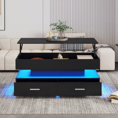 Hydraulic Lift Top Coffee Table, LED Coffee Tables With Storage For Living Room, Coffee Table With 2 Drawers & LED Light For Dining Reception Room, Black
