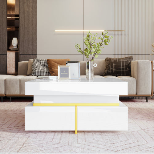 Coffee Table, High-Gloss Living Room Table, Side Table With Drawers And Gold Accents