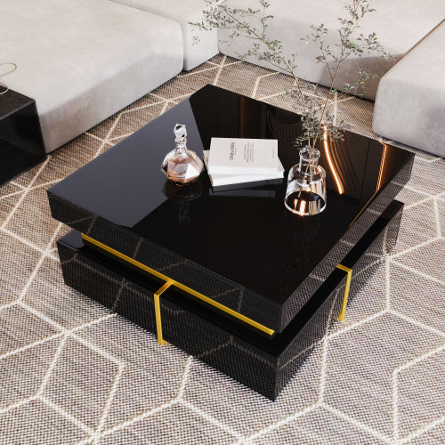 Coffee Table, High-Gloss Living Room Table, Side Table With Drawers And Gold Accents