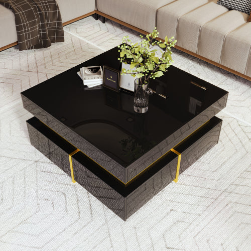 Coffee Table, High-Gloss Living Room Table, Side Table With Drawers And Gold Accents