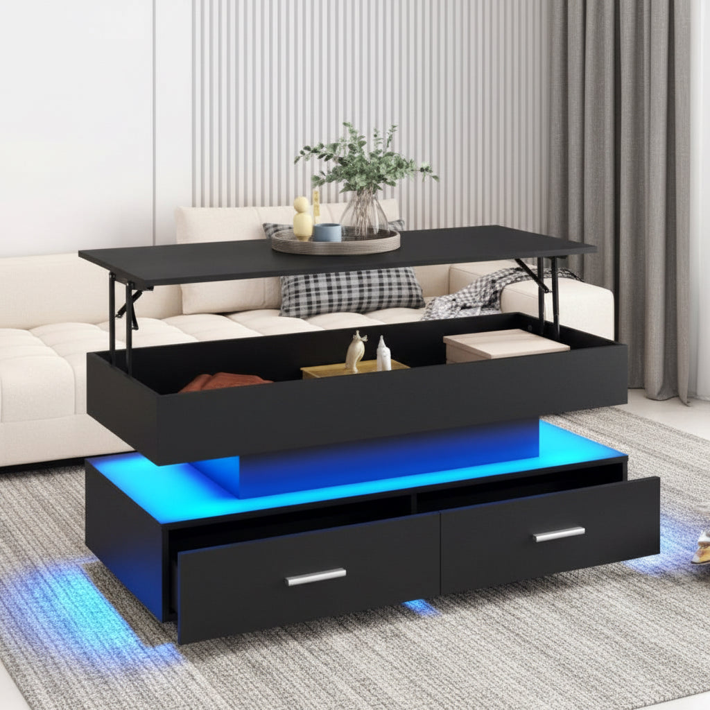 Hydraulic Lift Top Coffee Table, LED Coffee Tables With Storage For Living Room, Coffee Table With 2 Drawers & LED Light For Dining Reception Room, Black