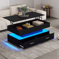 Hydraulic Lift Top Coffee Table, LED Coffee Tables With Storage For Living Room, Coffee Table With 2 Drawers & LED Light For Dining Reception Room, Black